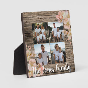 Elegant orange floral personalized four photo plaque