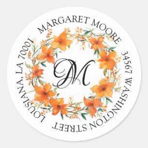 Elegant Orange Floral Script Monogram Address Classic Round Sticker