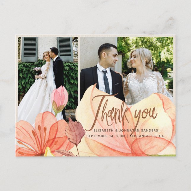 Elegant orange floral wedding photo thank you postcard (Front)