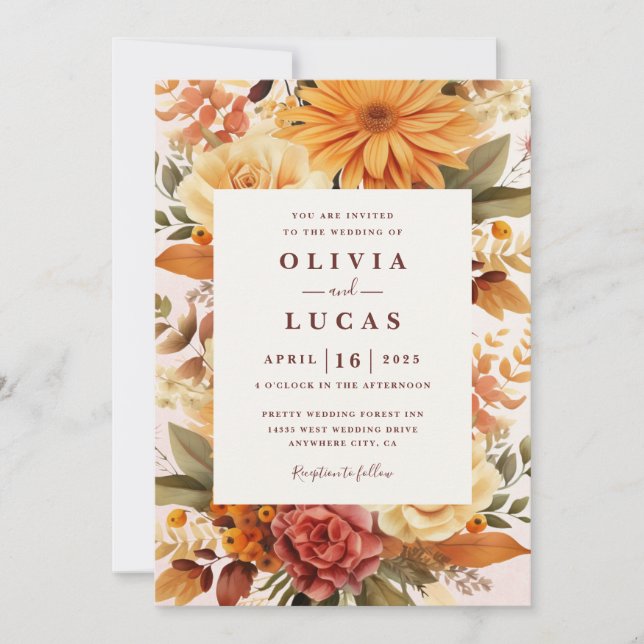 Elegant Orange Flower Frame Wedding Invitation (Front)