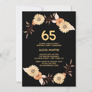 Elegant Orange Flower Gold Black Birthday Invitation