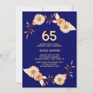 Elegant Orange Flower Gold Navy Blue Birthday Invitation