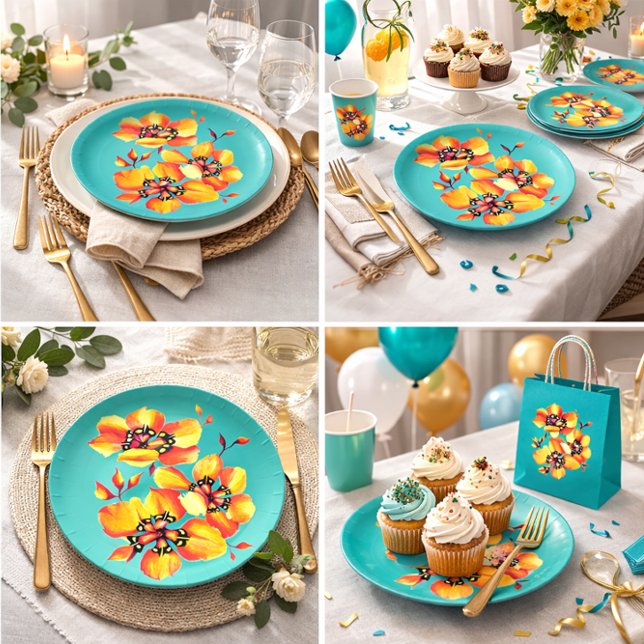 Elegant Orange Flowers - Aqua- Customize your Own Paper Plate (Creator Uploaded)