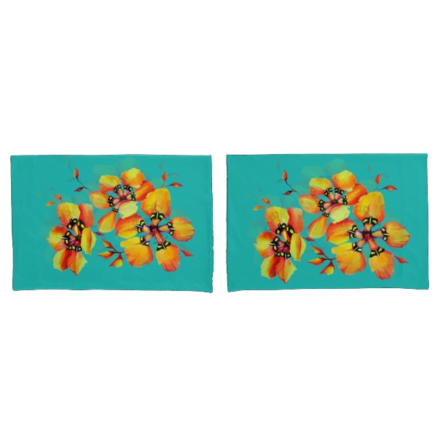 Elegant Orange Flowers - Aqua Pillowcase (Front-Set)