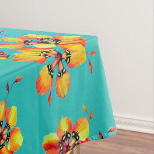 Elegant Orange Flowers - Aqua Tablecloth