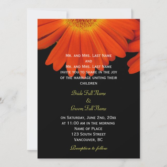 Elegant orange gerbera daisy flowers wedding invitation (Front)