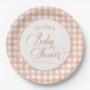 Elegant Orange Gingham Fall Baby Shower Paper Plate