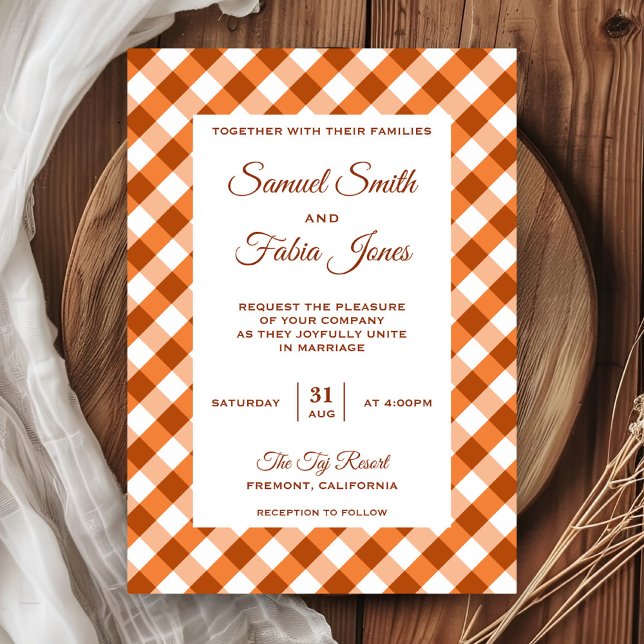 Elegant Orange Gingham Pattern Wedding Invitation (Creator Uploaded)