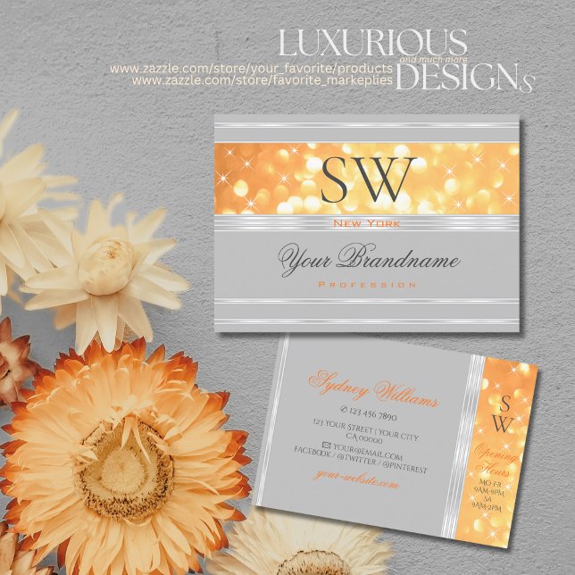 Elegant Orange Glitter Monogram Grey Silver Border Business Card (Creator Uploaded)