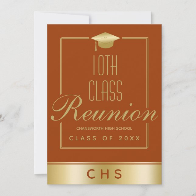 Elegant Orange Gold Script 10th Class Reunion Invitation (Front)