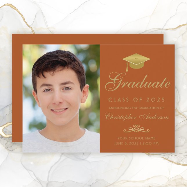 Elegant Orange Gold Script Cap Photo Graduation Announcement (Elegant Orange and Gold Photo Graduation Announcement for boys.)