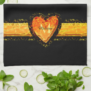 Elegant Orange Heart Valentine day Black Monogram Kitchen Towel