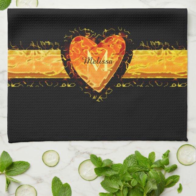 Elegant Orange Heart Valentine day Black Monogram Kitchen Towel (Folded)