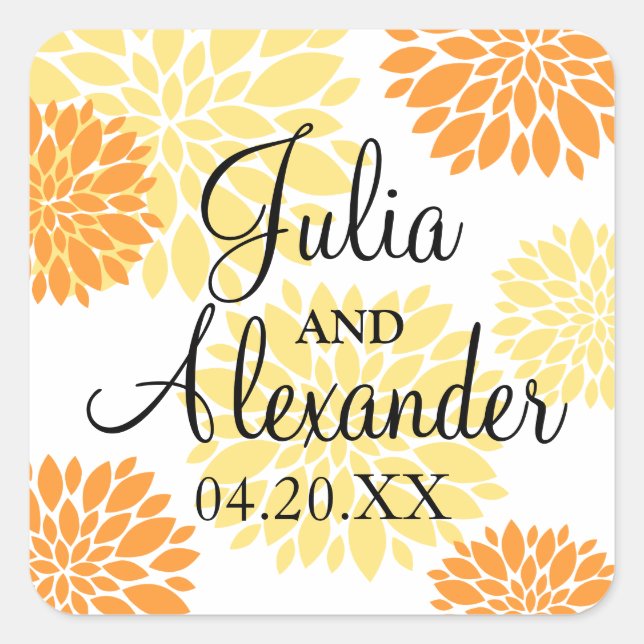 Elegant Orange Light Yellow Floral Burst Wedding Square Sticker (Front)