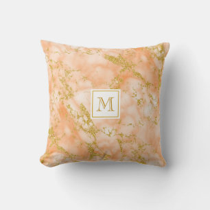Elegant Orange Marble Monogram Faux Gold Glitter Throw Pillow