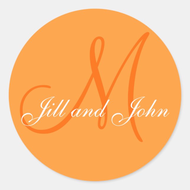 Elegant Orange Names Monogram Wedding Stickers (Front)