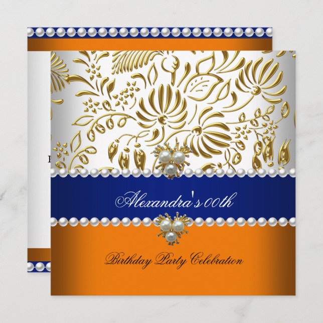 Elegant Orange Navy Blue Gold Damask Pearl Party Invitation (Front/Back)