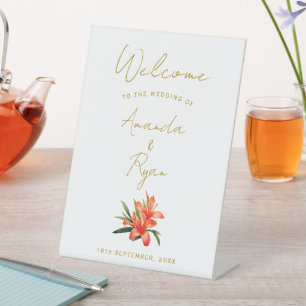 Elegant Orange Oleander Flower Wedding Welcome Pedestal Sign