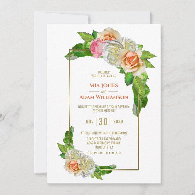 Elegant Orange Pink Rose Floral Wedding Invitation (Front)