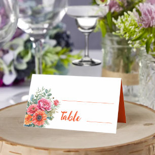 Elegant Orange Pink Watercolor Floral Wedding Place Card