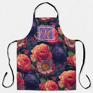 Elegant orange red floral romantic monogram  apron