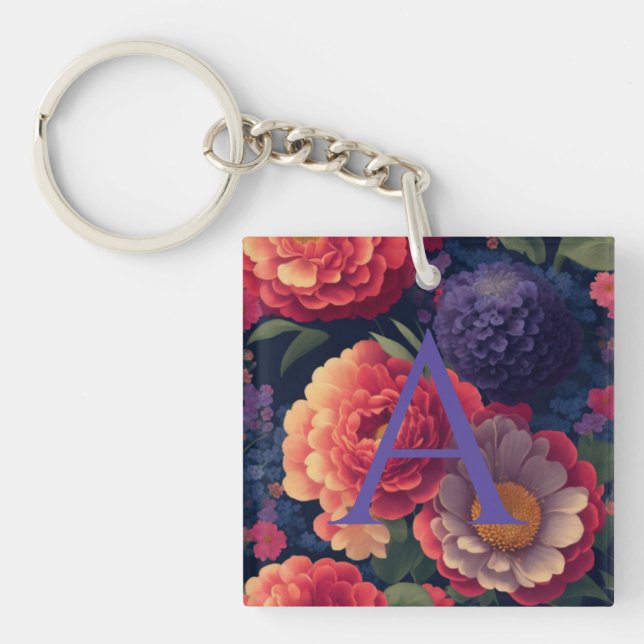 Elegant orange red floral romantic monogram  keychain (Front)