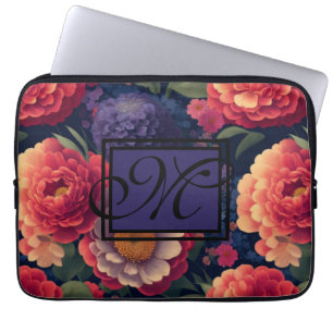 Elegant orange red floral romantic monogram laptop sleeve