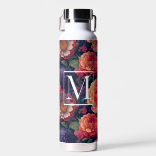 Elegant orange red floral romantic monogram  water bottle