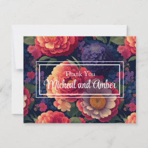 Elegant orange red purple floral elegant script thank you card