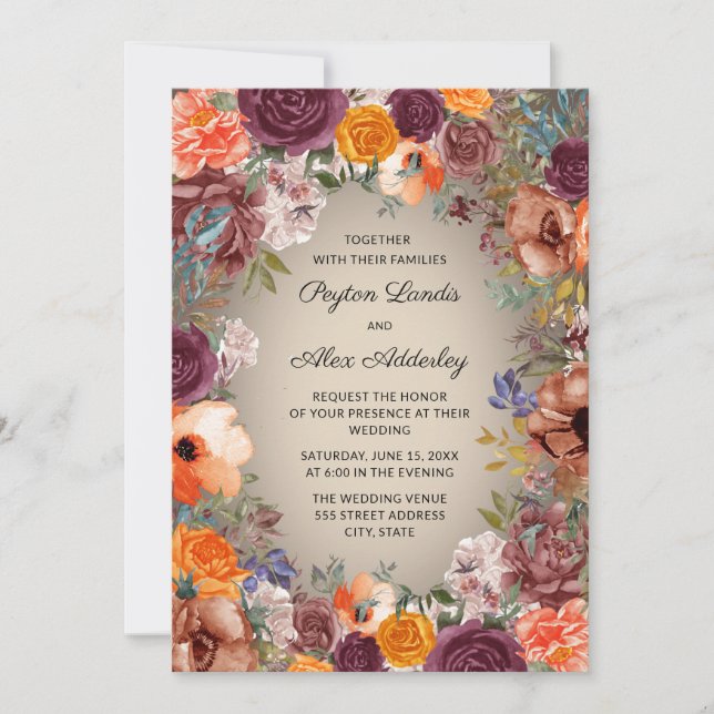 Elegant Orange Rust Cream Floral Brown Wedding Invitation (Front)