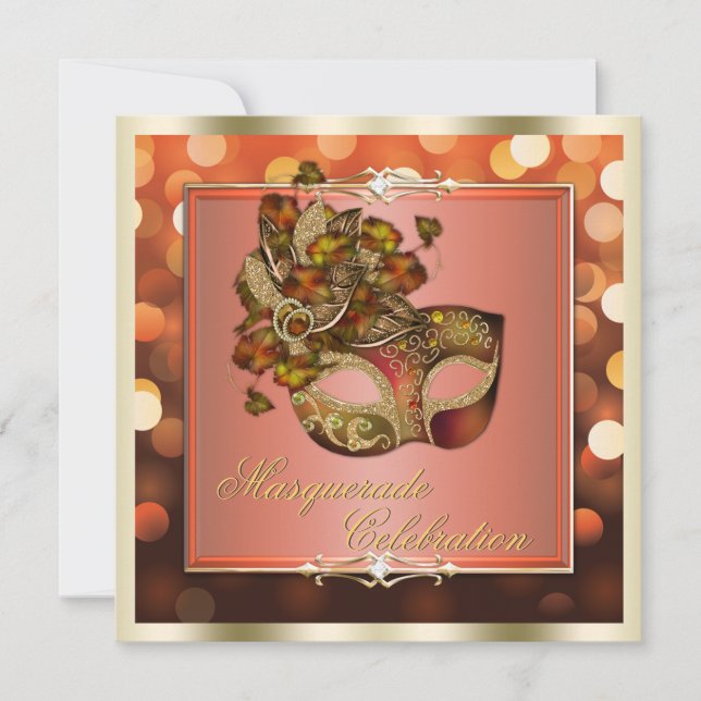 Elegant Orange Shimmering Lights Bokeh Masquerade Invitation (Front)