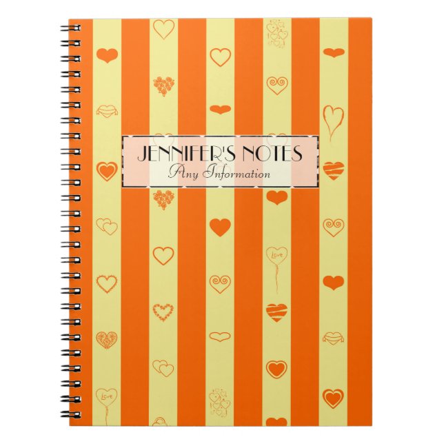 Elegant Orange Stripes Modern Heart Pattern Notebook (Front)