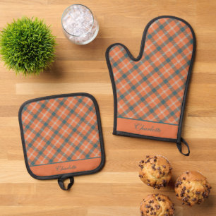 Elegant Orange & Teal Royal Stewart Tartan Custom Oven Mitt & Pot Holder Set