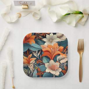Elegant Orange Turquoise Flower Pattern Floral Paper Plate