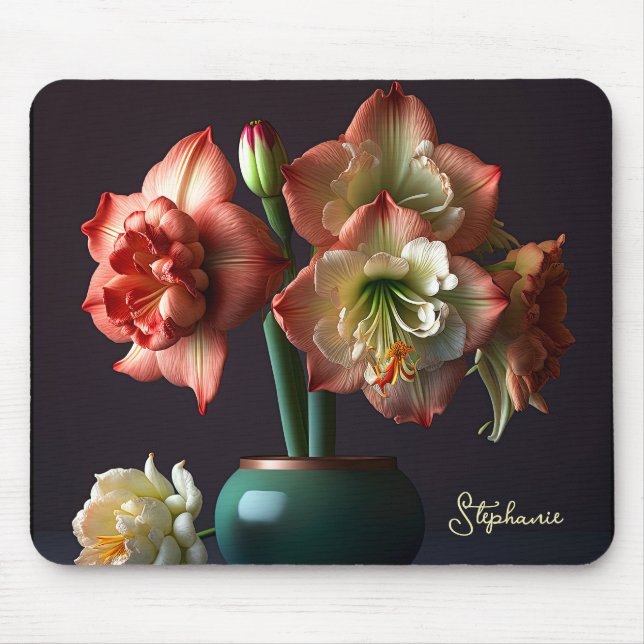 Elegant Orange White Amaryllis Flower Mouse Pad (Front)