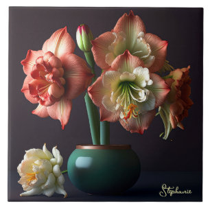 Elegant Orange White Amaryllis Flower Tile