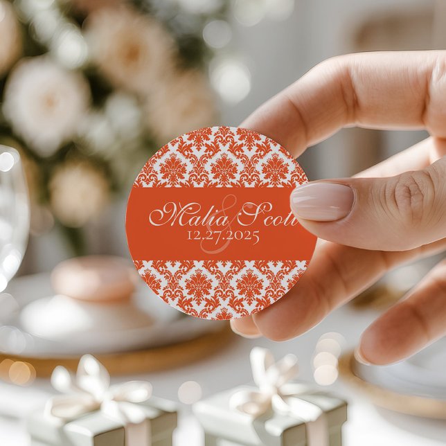 Elegant Orange White Damask Wedding Favour Classic Round Sticker (Creator Uploaded)