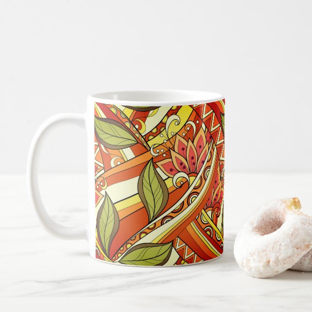 Elegant Orange White Flowers And Swirl Coffee Mug (With Donut)