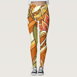 Elegant Orange White Flowers And Swirl Leggings