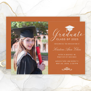 Elegant Orange White Script Cap Photo Graduation Announcement