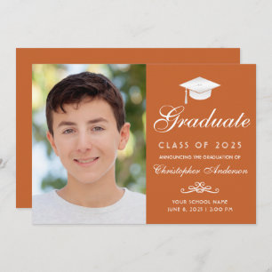 Elegant Orange White Script Photo Graduation Announcement