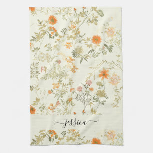 Elegant orange wildflowers script name kitchen towel