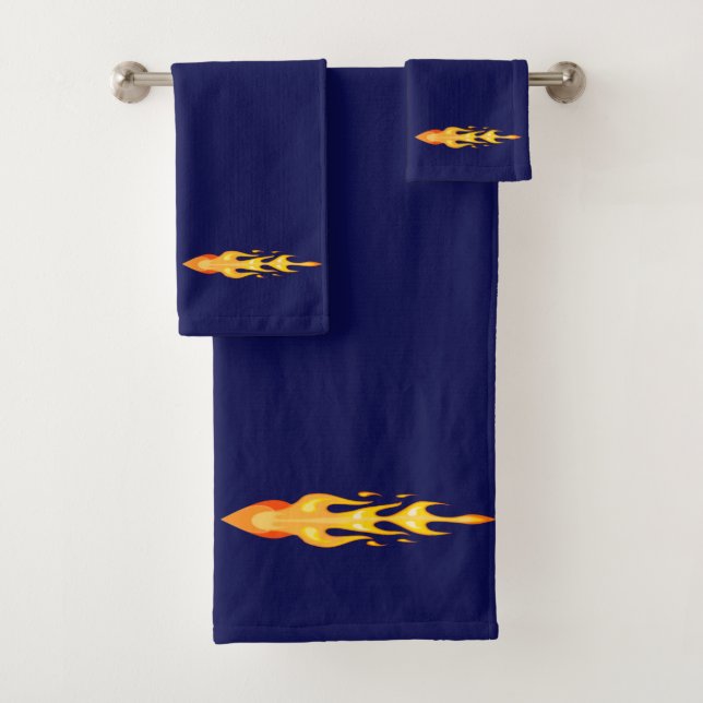 Elegant Orange Yellow Fire Flame on Navy Blue Bath Towel Set (Insitu)