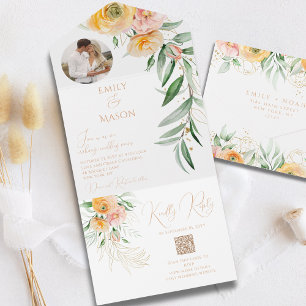 Elegant Orange Yellow Photo WatercolorFloral All In One Invitation