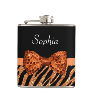 Elegant Orange Zebra Print FAUX Glitz Bow and Name Hip Flask
