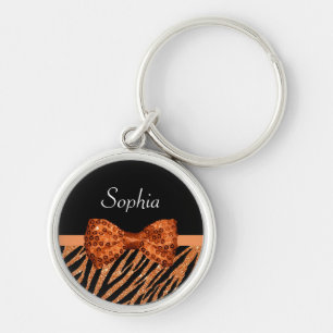 Elegant Orange Zebra Print FAUX Glitz Bow and Name Keychain