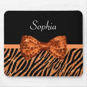 Elegant Orange Zebra Print FAUX Glitz Bow and Name Mouse Pad