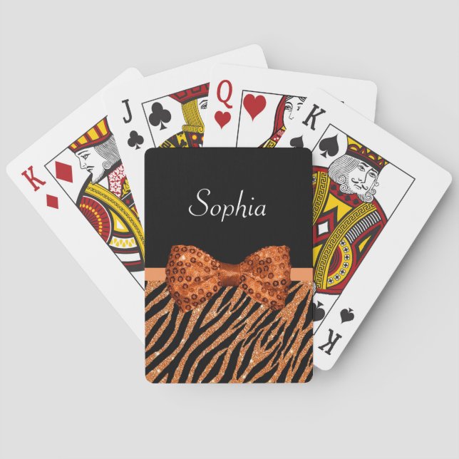 Elegant Orange Zebra Print FAUX Glitz Bow and Name Playing Cards (Back)