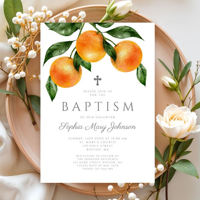 Elegant Oranges Botanical Girl Baptism Invitation (Elegant Oranges Botanical Girl Baptism Invitation)