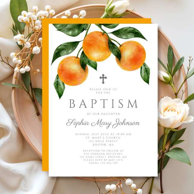 Elegant Oranges Girl Baptism Invitation (Elegant Oranges Girl Baptism Invitation)